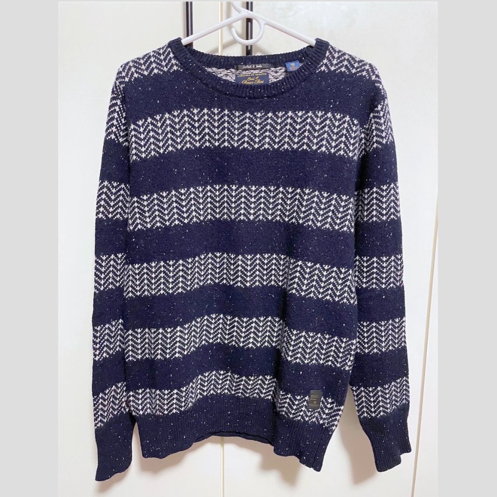 Scotch & Soda - Men Dark Blue Herringbone White Striped Wool Sweater, Size M